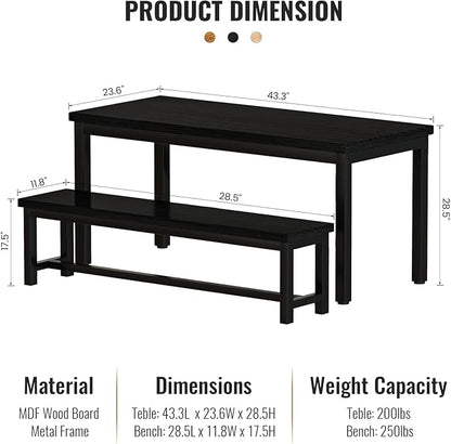 AWQM Dining Table Set for 4, Kitchen Dining Table with 2 Benches, Dining Room Table Set with Metal Frame & Thickened Board for Kitchen, Restaurant, Black, 43'' Breakfast Table Set (A006-11H2-L)