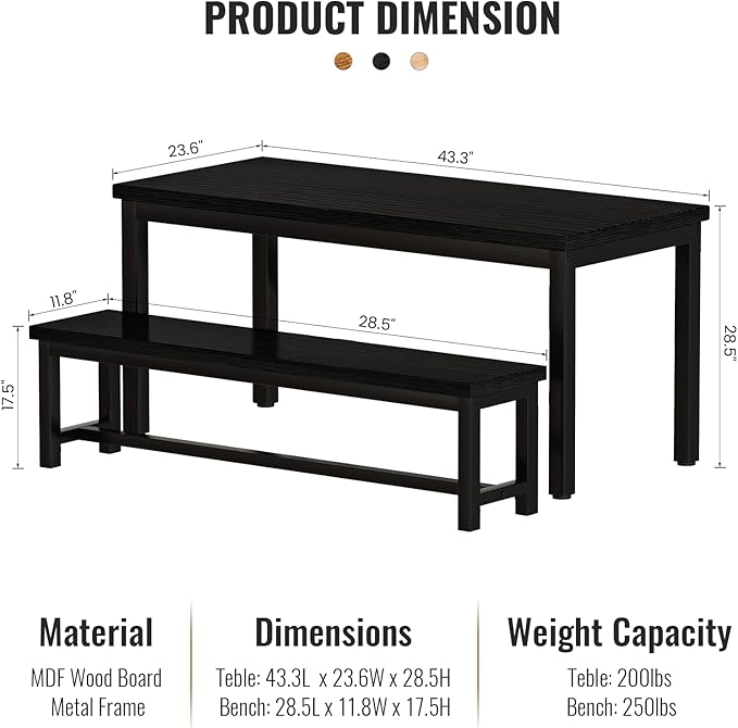 Lamerge Kitchen Table Set with 2 Benches 4 Person Dining Room Table Set for Home Kitchen, Dining Room, Restaurant, Space Saving, Black, 43.3''L x23.6''W x28.5''H (43B)