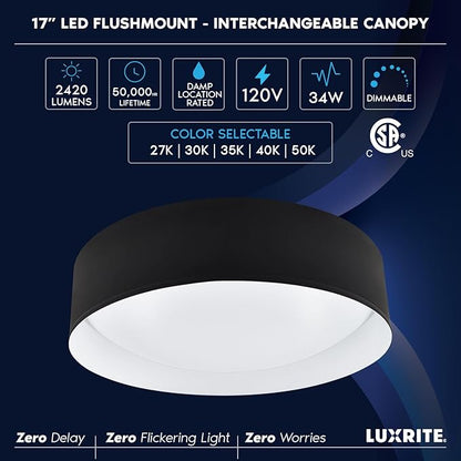 LUXRITE 17-Inch LED Flush Mount Ceiling Light, 5CCT Selectable 2700K–5000K, 2420 Lumens, 34W, CRI 90, Dimmable, Damp Rated, Decorative Flush Mount with Interchangeable Canopy - Black & White Finish
