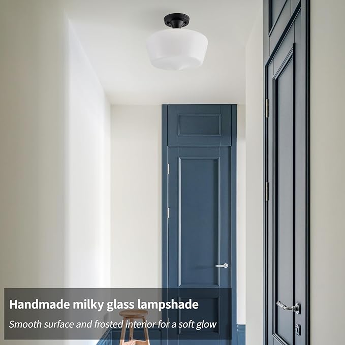 Black Schoolhouse Light Fixture, 12" Milk Glass Flush Mount Ceiling Light, Black Semi Flush Mount Ceiling Light for Farmhouse Kitchen Hallway Entryway