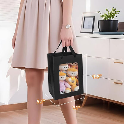 MOXARYSU 12 Pcs Black Gift Bags with Clear Window: 9.8x5.1x7.1 Inch Medium Kraft Paper Bags with Handle For Party Business Birthday Wedding (Black, 12p)