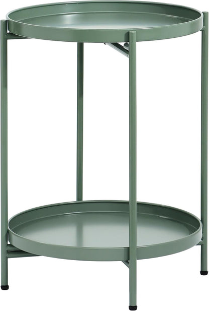 2-Tier Round End Side Table, Small Metal Side Table with Removable Tray, Folding Accent Tables for Living Room, Balcony, Nightstand for Bedroom, Outdoor Tables for Patio, Sage Green