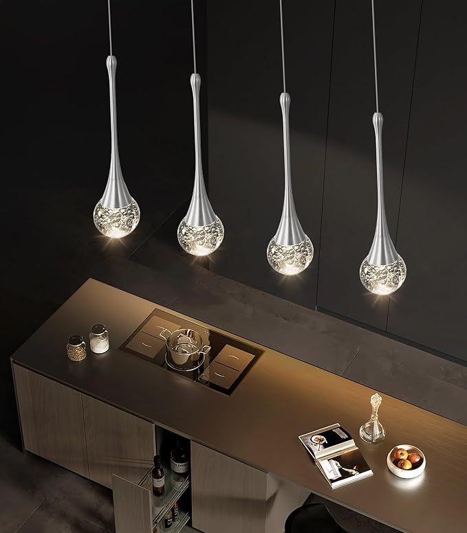 4-Lights Modern Pendant Lights for Kitchen Island LED Dimmable Crystal Glam Ceiling Pendant Lighting Chandelier for Dining Room Hallway Bedroom Silver