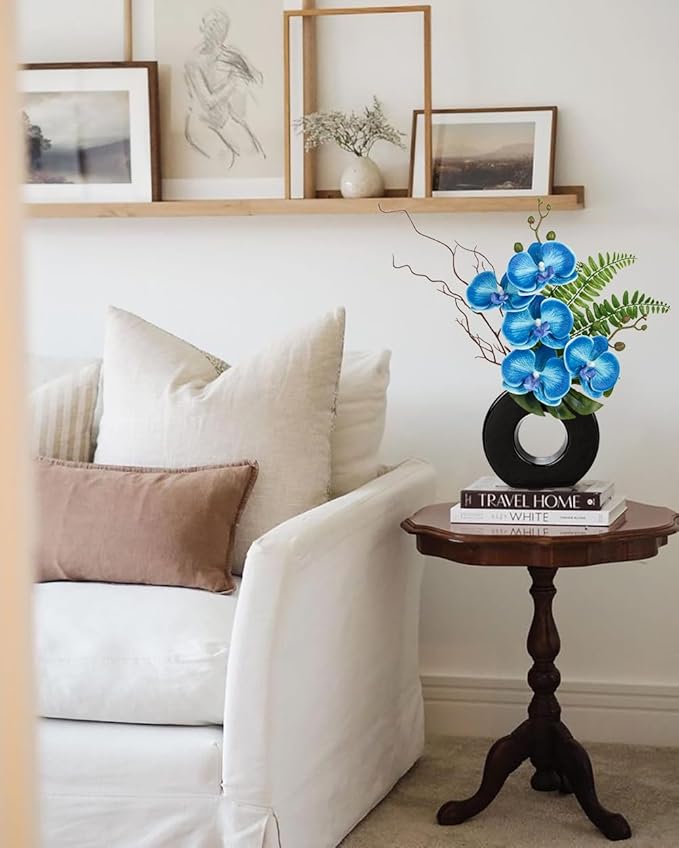Briful Blue Orchid Fake Flowers with Black Vase, 16.1'' Artificial Orchid Silk Flowers Faux Orchid Arrangement for Home Office Room Table Centerpiece Modern Decoration