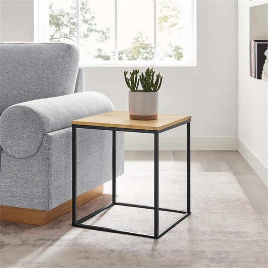 Pemberly Row Contemporary Square Wood and Metal Side Table, Solid Mango Wood Top, Powder-Coated Metal Frame, Oak Finish, 16.1 x 16.1 x 18.5 in, Non-Marking Floor Glides, Modern Accent Table for