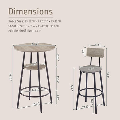 NicBex 3-Piece Bar Table and Chairs Set, Grey Pub Table and Chairs Set of 2 with Storage Shelf, Bistro Table with Stools for Small Spaces