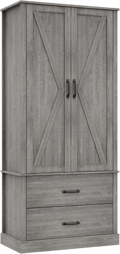 Takywep Freestanding Farmhouse Pantry Cabinet with Barn Doors, Adjustable Shelves & Large Drawers,Versatile Kitchen Storage Cupboard for Dining or Living Room,Pastoral Gray
