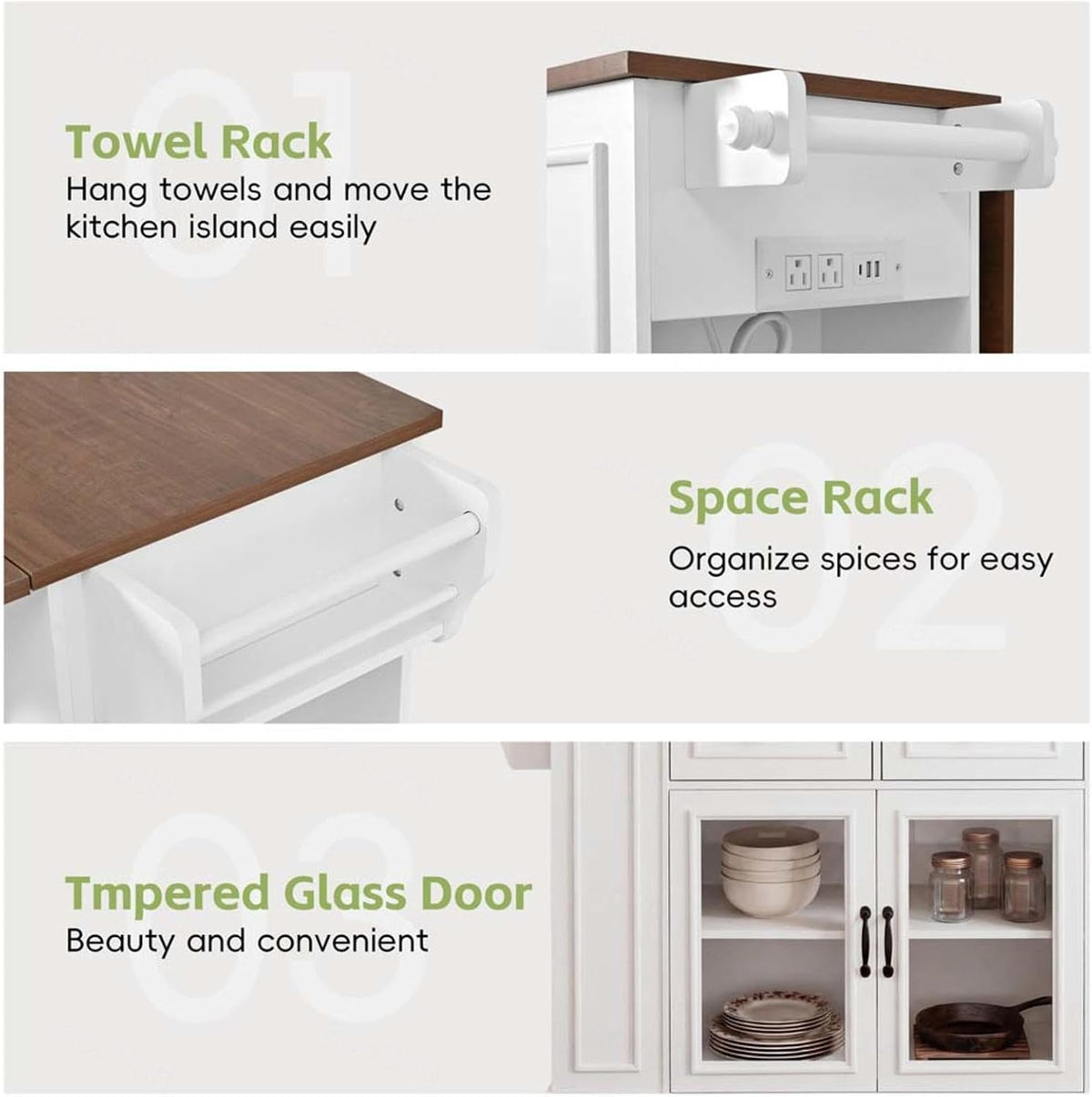 Movable Kitchen Island with Internal Storage Rack, Power Outlet and Open Shelves, Stationary Kitchen Storage Islands with Knife Holder, for Kitchen, Dining