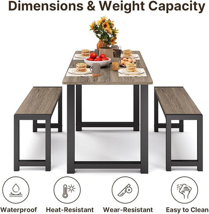 Gizoon 63” Kitchen Table Sets with 2 Benches Extendable Dining Table Set for Small Spaces Dining Room Table 4 Set Chairs for Kitchen Apartment Outdoor and Home Office, Gray