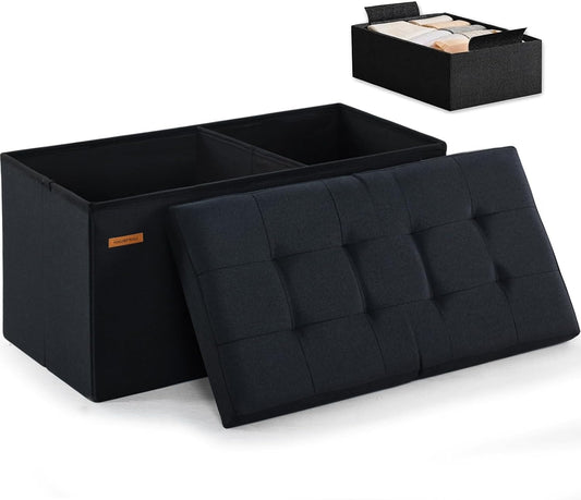 HAUSFRAU Ottoman with Storage Bench Folding Foot Rest Stool Linen Black | 31.5", Flip Lid, Small Upholstered Foldable Footrest Footstool, Bedroom Bench, Living Room Dorm Ottoman, Rectangle