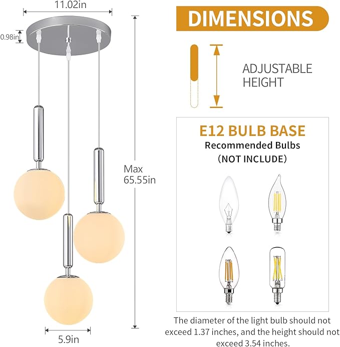 Modern Chrome Pendant Light Hanging Fixture Light for Kitchen Island Mid Century with Globe Pendant Light Milk White Glass Pendant Lighting for Living Room Bedroom Entryway (3 Lights)