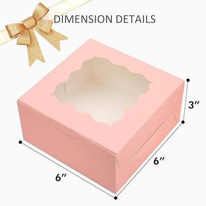 Bakepacker 100pcs Pink Bakery Boxes with Window 6x6x3 inches Thick & Sturdy Macaroon Pastry Boxes Cookie Boxes for Bakerys