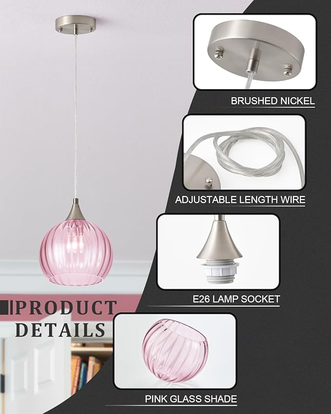 Brushed Nickel Pendant Lights Kitchen Island, Globe Pendant Light Fixtures with 8 Inch Clear Glass Shade, Modern Hanging Light Fixtures for Kitchen, Bedroom (2 Pack - Pink Glass Pendant Light)