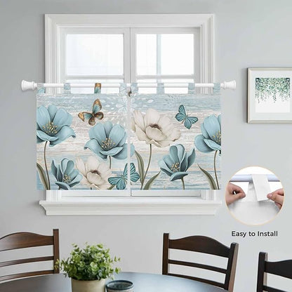 Spring Floral Kitchen Curtains 36 Inch Length, Small Window Curtains Tab Top, Vintage Tulips Flower Butterfly Retro Wood Blue Light Filtering Short Window Treatments Tier Drapes 27.5"x36" 2 Panel