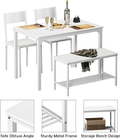 soges 4 Pieces Dining Table Set, 43.3 inch Kitchen Table Set for 4, Dining Set with 2 Chairs and Bench with Storage Rack, Nesting Furniture Set for Dining Room, Kitchen, Restaurant, White