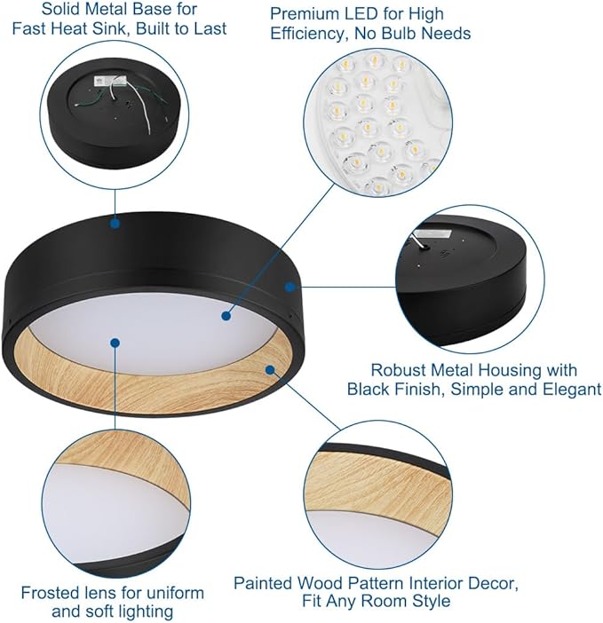 DAKASON 2Pack Black Ceiling Light Flush Mount, Modern LED Ceiling Light Fixture Dimmable with Metal Frame and Wood Painting, 12.5’’ 25W 3/4/5000K CCT Selectable for Kitchen Hallway Dining Living Room