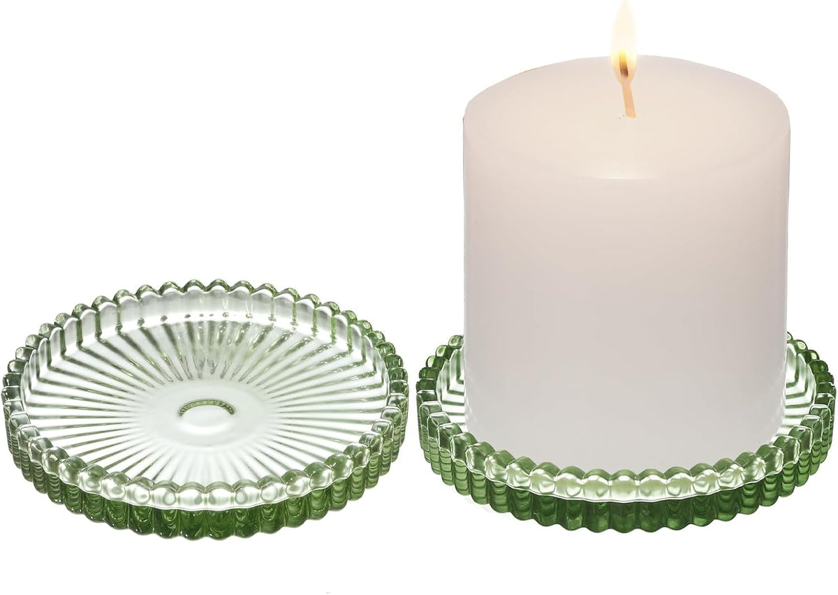 2 Pack Glass Pillar Candle Holders 4 Inch Ribbed Edge Design Decorative Candle Plate with Serrated Edges Clear Green Display Stand for Wedding Home Decor Table Centerpieces