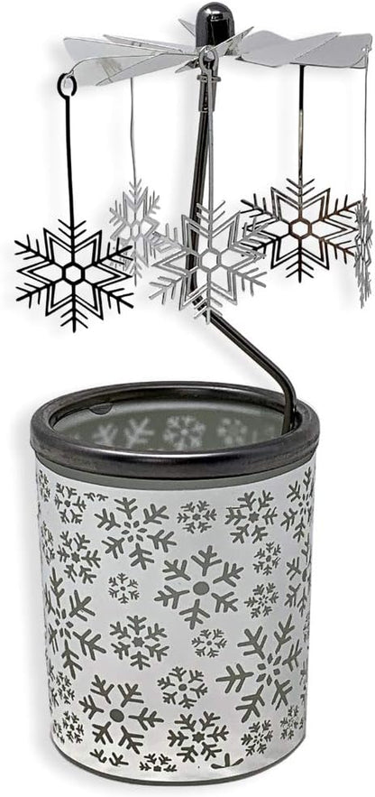 Snowflake Spinning Candle Holder – Rotating Snowflake Charms, Frosted Glass Votive Holder with Laser-Cut Metal Snowflakes – Scandinavian Christmas Table and Mantel Decor – 6.25" H