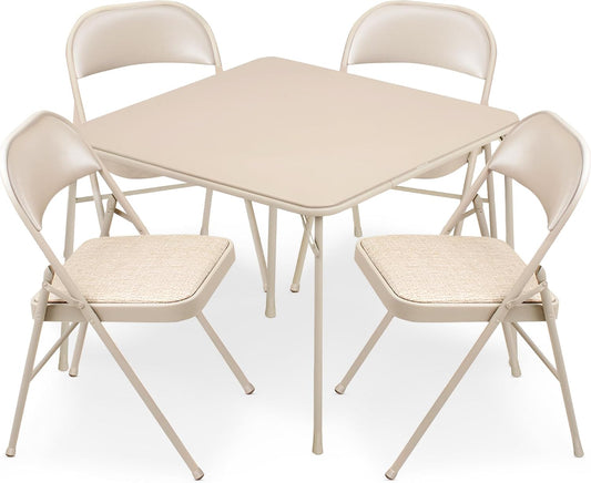 Sudden Comfort 5 Piece 34 x 34 Inch Square Folding Dining Card Table, Tan | with 4 Padded Folding Chairs Furniture Set for Gatherings and Games