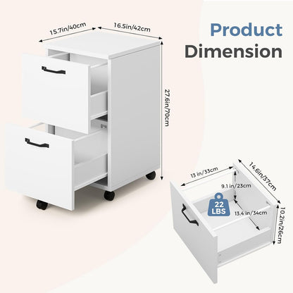 DUMOS 2 Drawer Storage Cabinet, Rolling Under Desk Storage, White | Not for Hanging Files, Printer Stand, Lockable Wheels, Mobile Wood Home Office Organizer