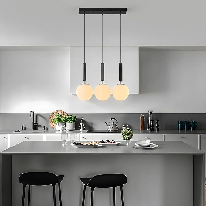 Modern Black Pendant Lights Kitchen Island Mid Century with Globe Pendant Light Milk White Glass Pendant Lighting for Living Room Bedroom Entryway (3 Lights)