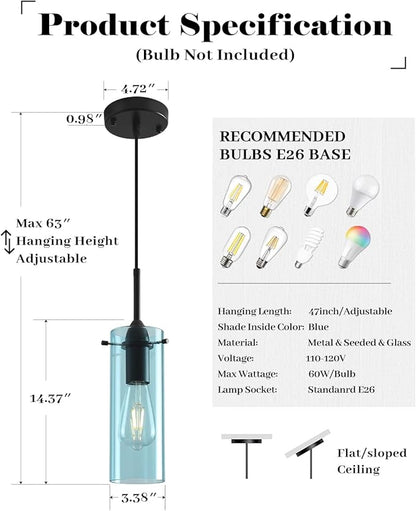 Blue Pendant Lights Kitchen Island 3 Packs, Blown Glass Pendant Light, Modern Glass Kitchen Pendant Light, Hanging Pendant Lights, Island Pendant Lights for Kitchen, Dining Living Bathroom