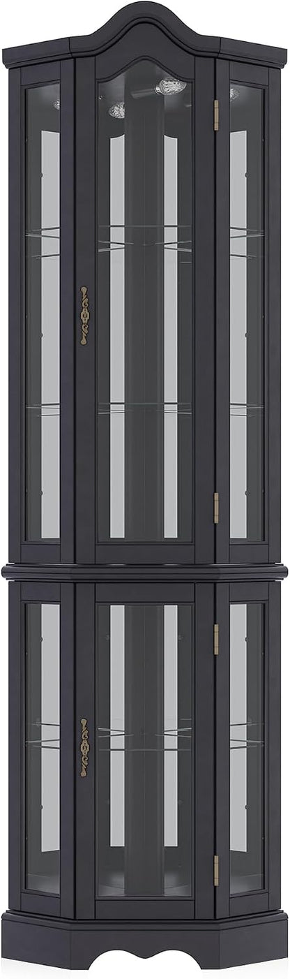 BELLEZE Lighted 3-Side Glass Display Curio Cabinet w/Tempered Glass Doors and Shelves, Curved Wood Corner Cabinet with Bulb, Corner Storage Rack for Living Room and Kitchen (Black)