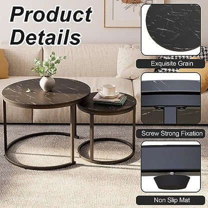 aboxoo Round Nesting Coffee Table Side Set of 2 End Tables for Living Room Bedroom Balcony,Black Faux Marble Wooden Table 23.6IN Accent Large Coffee Table with Steel Frame
