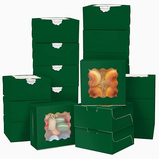 Bakepacker 60pcs Deep Green Bakery Boxes with Window 6x6x3 inches Thick & Sturdy Macaroon Pastry Boxes Cookie Boxes for Bakerys