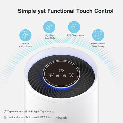 Air Purifiers for Home Large Room Bedroom Up to 2400 Ft² with 4-Stage Ture HEPA. Airspark Air Filter Captures 99.99% Dust Smoke Pollen Daner. Air Cleaner for Pet Hair Odor Eliminator 22dB Night Light