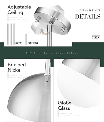 LMS Farmhouse Pendant Light Fixtures, Brushed Nickel Pendant Light with Globe Glass, Adjustable Hanging Lighting for Kitchen Island, Bedroom, Bathroom, LMS-203