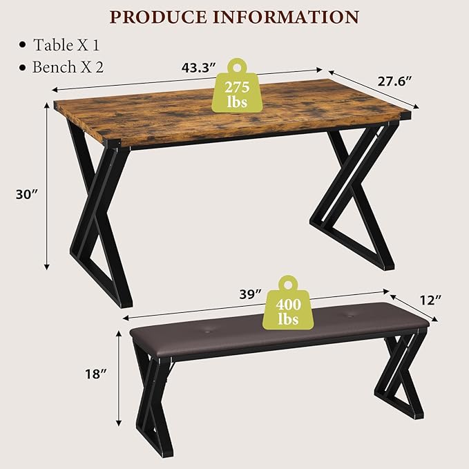GAOMON Dining Table Set for 4, Kitchen Table with 2 Upholstered Benches, 3 Piece Dining Table Set for Small Space, Apartment, Saving Space for Kitchen, Dining Room (1.18'' Inch Cusion)