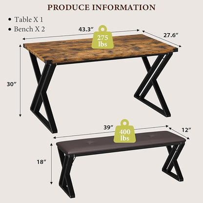 GAOMON Dining Table Set for 4, Kitchen Table with 2 Upholstered Benches, 3 Piece Dining Table Set for Small Space, Apartment, Saving Space for Kitchen, Dining Room (1.18'' Inch Cusion)