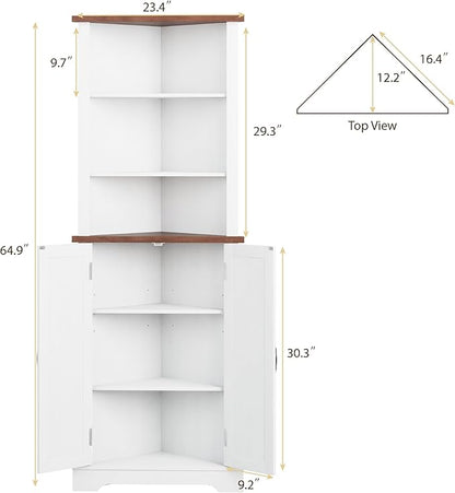 Smuxee Tall Corner Storage Cabinet, Farmhouse Corner Cabinet with Barn Door and Adjustable Shelf, White Freestanding Cabinet Organizer for Bathroom, Kitchen, Living Room