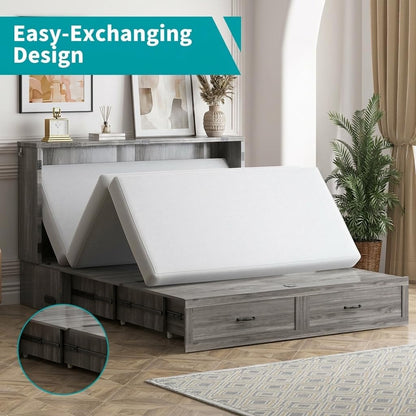 BALUS Queen Murphy Bed, Chest Murphy Bed with Built in USB Chariging Station & Storage Drawer, Solid Wood Cabinet Bed, Queen Hidden Bed for Guest/Living Room/Bedroom, No Mattress-Grey