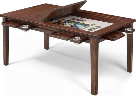 Coperat Solid Wood Board Game Table for 4-6 Players,Dining/Gaming Table w/ 54"x31" Big Gaming Space and Removable Top,Includes Game Mat, 6 Cup Holders & Hobby Tray, Warm Walnut