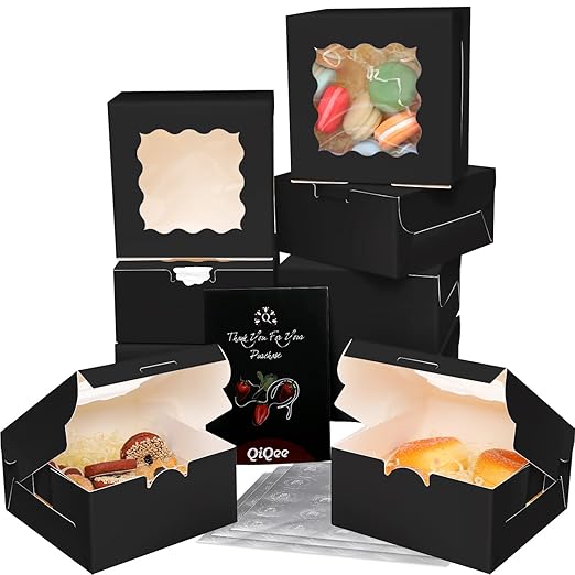 Bakepacker Black Bakery Boxes with Window 6x6x3 inches Thick & Sturdy Macaroon Pastry Boxes Cookie Boxes for Bakerys（60-Packs）