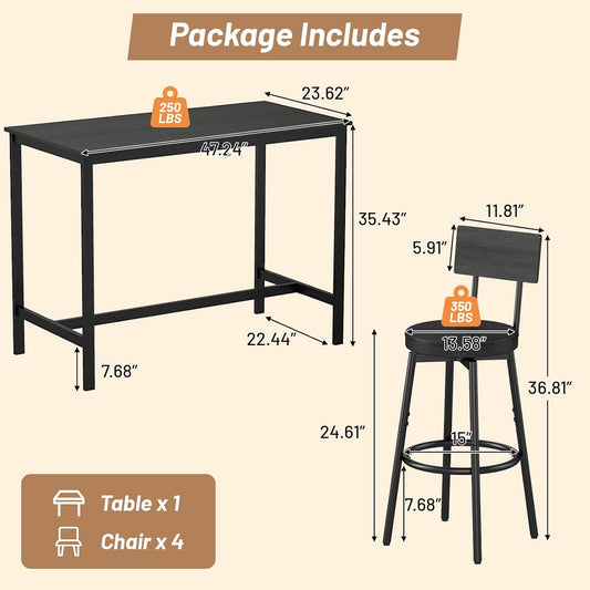 Zevemomo 5-Piece Dining Table Set, Bar Table Set for 4, Kitchen Table and Chairs, Counter Height High Top Table with 4 PU Upholstered Stools, Space-Saving Pub Table Sets for Small Space, Black