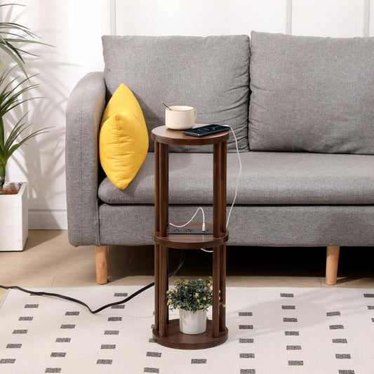 9 x25 Fully Assembled Walnut Wood Round Drink Table with Charging Station, Mid-Century Modern Circle Wood Accent Pedestal Table for Living Room or Small Bedroom Nightstand