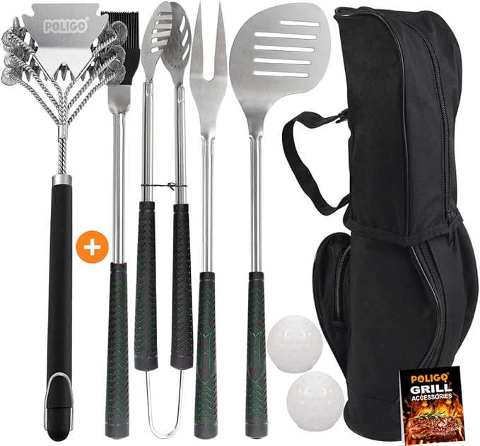 POLIGO 7PCS Golf-Club Style BBQ Grill Tools Kit with Rubber Handle Bundle with 18" Safe Grill Brush And Scraper Bristle Free for All Grills - Premium BBQ Set Ideal Christmas Birthday Gifts for Men Dad