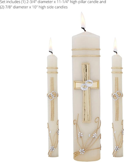 Needzo Wedding Unity Candle Set for Ceremonies, Gold Tone and Silver Toned Ornate Centerpiece Candles, 3 Pieces Included
