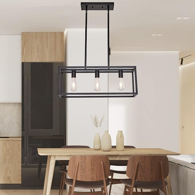 Farmhouse Rectangle Chandeliers for Dining Rooms, Modern Linear Hanging Light Fixture Matte Black 3-Light Industrial Pendant Lighting for Kitchen Island
