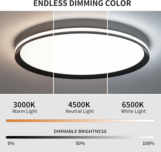 Dimmable Metal LED Ceiling Lights Fixtures,Slim, Edge Lit - 20" Full Spectrum Smart Round Ceiling Lamps,3000-6500K Modern Ultra Thin Low Profile Light Fixture for Bedroom & Living Room (Black,45W)