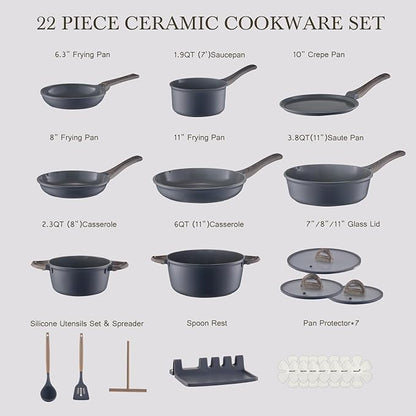 22Pcs Pots and Pans Set Non Stick Non-Toxic Ceramic Cookware Sets Nonstick Kitchen Pot&Pan With Lid Cream Gray Granite Induction Compatible with Glass Lids 10" Griddles Frying Pan PFOA/PFOS-Free