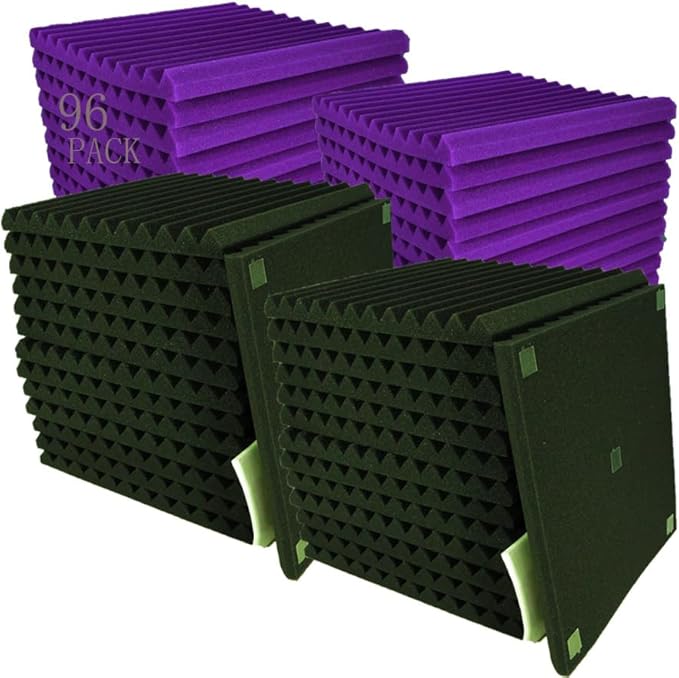 96 Pack Allxinlog Absorb the echo Acoustic Foam Panel Wedge Studio Soundproofing Wall Tiles 12" X 12" X 1" (48Purple+48Black)