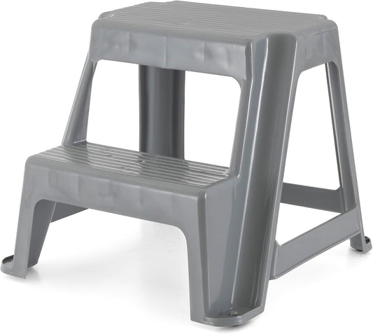 Gracious Living 2-Step Stool, Portable Plastic Stepping Stool for Dorm, Home, Classroom, or Office, 18"L x 18.75"W x 16"H - 300 Pound Capacity, Gray