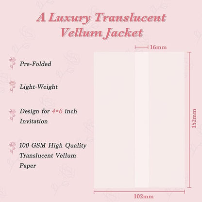 60 Pack Pre-Folded Vellum Jackets for 4x6 Invitations, Translucent Vellum Paper 4x6 Jackets, 100GSM Wedding Invitations Wraps, Envelope Liners for Birthdays, Baby Showers