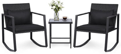 Tangkula 3 Pieces Outdoor Rocking Chairs Set, Rattan Heavy Duty Cushioned Rocker Chairs with Cushions, Pillows, Tempered Glass Table, Metal Frame for Garden, Balcony, Backyard (Black)