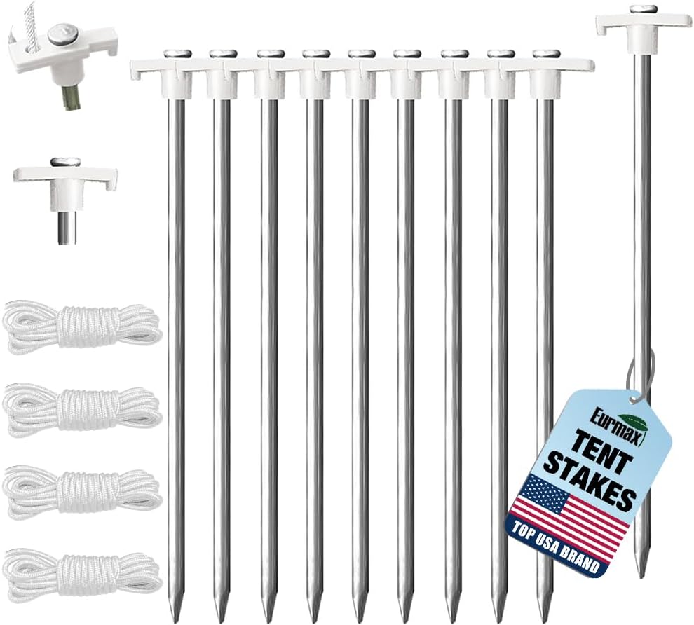 Eurmax USA Galvanized Non-Rust Camping Family Tent Pop Up Tent Stakes Canopy Anchors Heavy Duty 10pc-Pack, with 4x10ft Ropes & 1 White Stopper