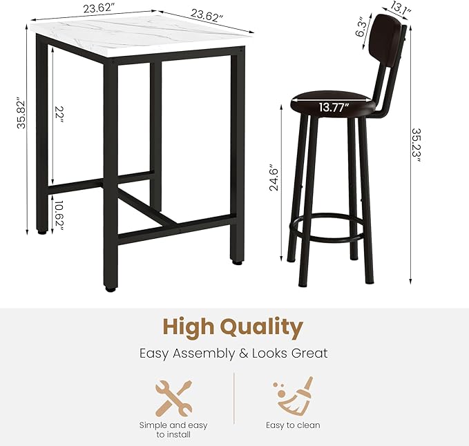 Dining Table Set, 23.6” Square Faux Marble Table with 2 PU Upholstered Backrest Chairs, 3-Piece Kitchen Dining Room Set for Small Spaces, Kitchen, Restaurant Furniture, White